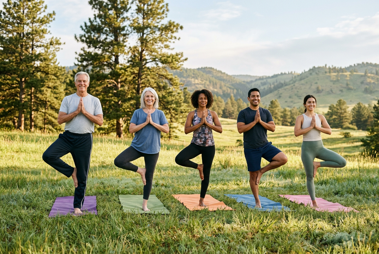 A mixed-age group of five people holding tree pose on yoga mats in a Colorado foothills meadow at sunrise